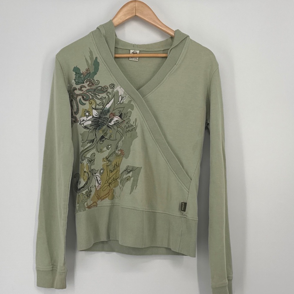 prAna Vintage Graphic V-Neck Wrap Hoodie Sage Green Floral Crossover Small
